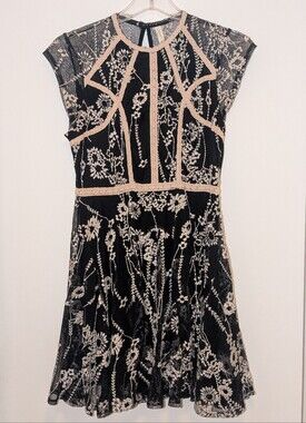 Free People Black and Cream Floral Embroidered Lace Mini Dress